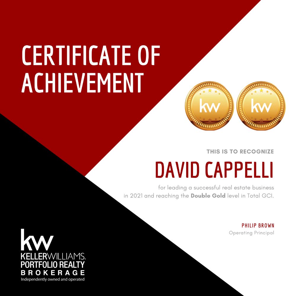 Keller Williams Double Gold Award for Gross Commission Income in 2021 - David Cappelli